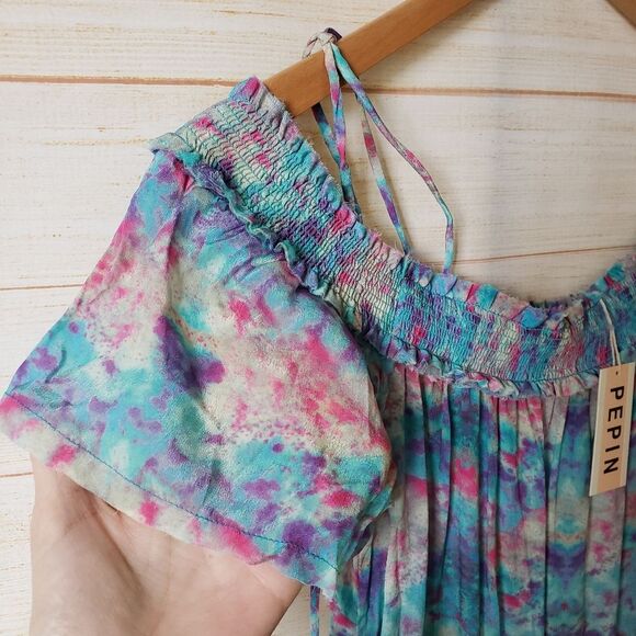 Pepin Off The Shoulder Watercolor Raw Hem Lightweight Summer Dress Size 4 - Picture 3 of 13